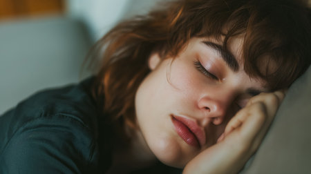 A young woman in repose, her face relaxed in sleep on a soft pillow, highlighting the serenity and comfort of slumber.の素材
