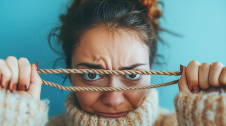 A close-up of a young woman's face frowning in mock frustration, her eyes peering over a taut rope, isolated on a blue background.の素材