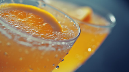 A refreshing glass of bubbly orange juice with a slice on the rim, showcased in a close-up with a vibrant backdrop.の素材