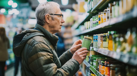 An older man with glasses carefully examines a product on a grocery store shelf, focused and contemplative.の素材