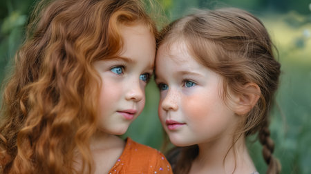 Two young twin girls with curly and braided hair are sharing a close and affectionate moment in the midst of a green, flowering garden.の素材