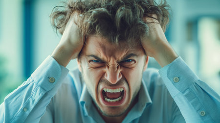 An intense portrait of a man clutching his head in frustration, with a grimace that conveys extreme stress or pain.の素材