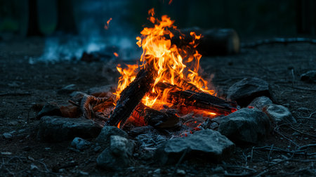 A controlled campfire burns brightly in a forest setting at dusk, with rocks encircling the glowing flames.の素材