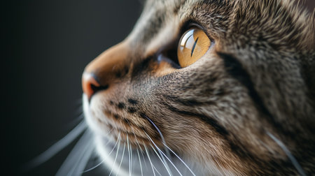 A detailed close-up of a domestic cat's profile, highlighting its striking amber eyes and whiskers against a dark background.の素材