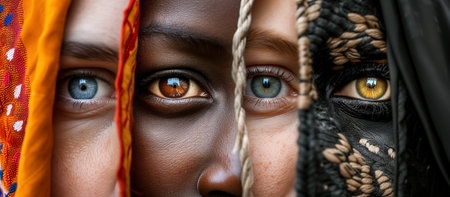 A compelling close-up featuring the eyes of four individuals from different cultures, peering through colorful fabrics and textures.の素材