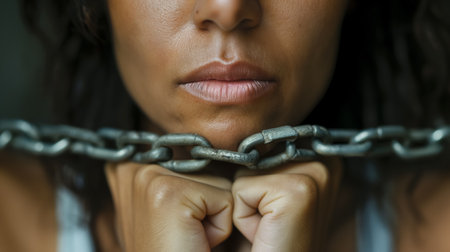 A close-up of a woman's clenched fists raised against a heavy metal chain, symbolizing strength and determination.の素材