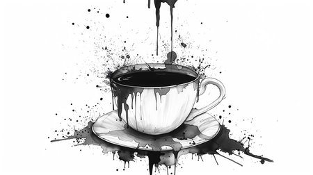 A graphic black and white image of a teacup on a saucer with dramatic ink splatters, suggesting movement and a spill.の素材