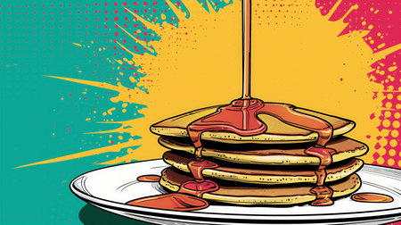 Stack of delicious pancakes drizzled with syrup on a plate, set against a vibrant pop art style background with splashes of color.の素材