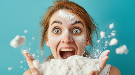An excited woman with flour on her face blows a white cloud of flour toward the camera with a surprised expression on a blue background.の素材