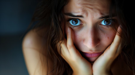 A young woman with large, worried eyes rests her face in her hands, her expression conveying deep concern or fear.の素材