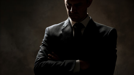 A man in a dark suit stands in shadow with his arms folded, exuding an air of mystery and contemplation.の素材