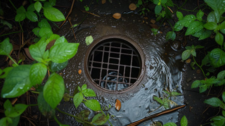 A street drain surrounded by lush green leaves, with rainwater creating ripples as it enters the dark grid.の素材