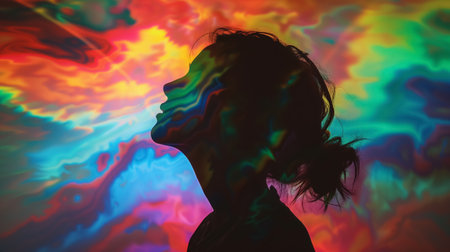 A profile silhouette of a person with a vivid psychedelic color pattern projected onto their skin, creating an artistic visual effect.の素材
