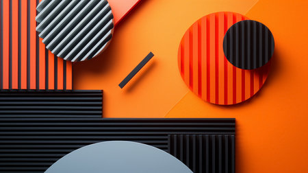A modern composition of abstract geometric shapes including circles and stripes, featuring a bold contrast of orange and black tones.の素材