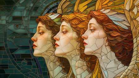 An intricate stained glass art piece featuring the profile of three women with ornate headpieces in a flowing Art Nouveau style.の素材