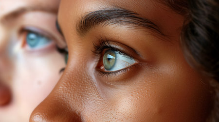 A close-up showcasing the beauty of human diversity, with a pair of eyes from different ethnicities looking in the same direction.の素材