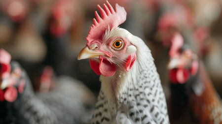 A close-up of a speckled chicken among a flock, with sharp focus on its eyes, set against a blurry background of other chickens.の素材