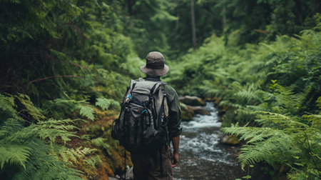 A lone hiker, viewed from behind, walks through a dense, green fern forest with a stream nearby.の素材