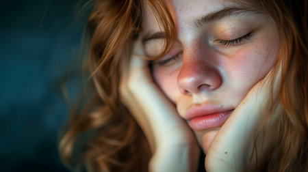 A close-up portrait of a young woman resting her face in her hands, eyes closed, exuding a contemplative and somber mood.の素材