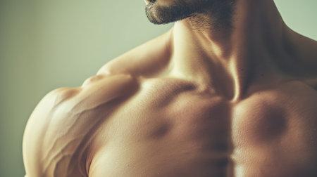 A close-up on the upper body of a man reveals a highly sculpted torso, highlighting the definition of his muscular build.の素材