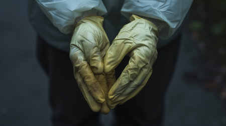 A close-up of hands clasped together, wearing worn yellow rubber gloves, suggesting labor or cleaning work.の素材