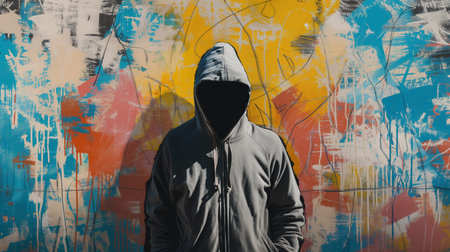 A person with a hood covering their face stands in front of a colorful graffiti wall, creating a mysterious and urban feel.の素材