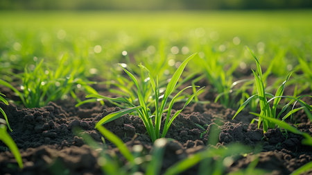 Fresh young green sprouts pushing through the rich, dark fertile soil, symbolizing growth and the start of a new life cycle.の素材