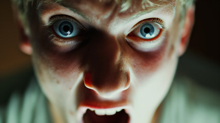 A close-up of a boy with striking blue eyes and a startled expression, his face illuminated in a way that heightens the intensity.の素材
