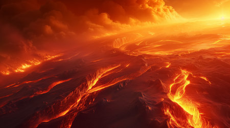 A dramatic landscape dominated by the flowing red hot lava from an eruptive volcano, under a sky heavy with ash and fumes.の素材