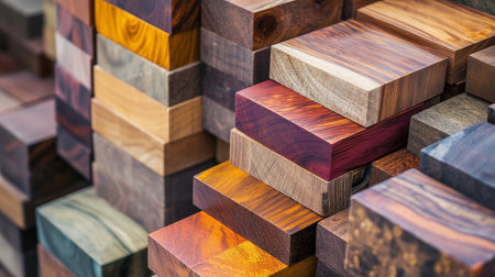 Close-up view of stacked wooden blocks in various colors and grains, showing the diverse beauty of natural wood materials.の素材