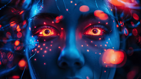 A close-up of a person's face, with eyes reflecting a haunting red neon glow surrounded by bluish hues and light dots.の素材