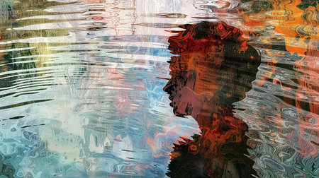 A striking abstract profile of a person emerges from a canvas of multi-colored ripples and waves.の素材