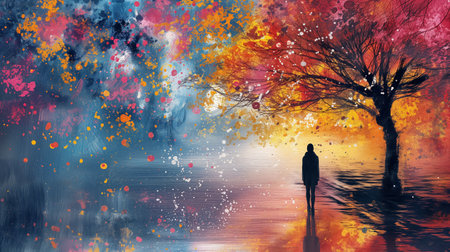 A solitary figure stands beneath a vivid tree against a dreamlike background of blue and orange splashes.の素材