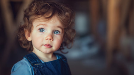 A young child with curly hair and striking blue eyes looks on with a curious and innocent gaze, wearing a denim dress.の素材