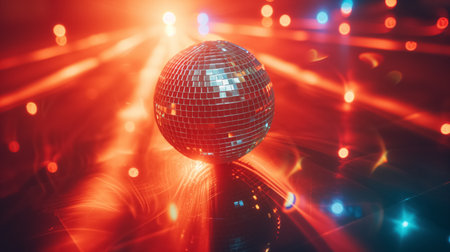 A classic disco ball with reflective mirrors casting radiant light effects, evoking a festive party atmosphere with vibrant colors.の素材