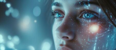 Portrait of an enigmatic woman with a serene expression, overlaid with a futuristic digital mesh, symbolizing the integration of technology and humanity.の素材
