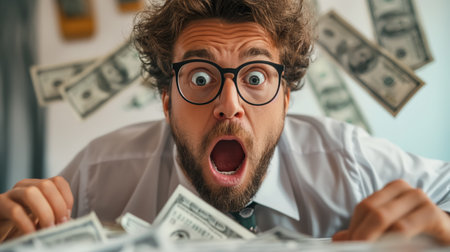 A man with wide eyes and a gaping mouth appears shocked or excited, with numerous dollar bills floating around him in disarray.の素材