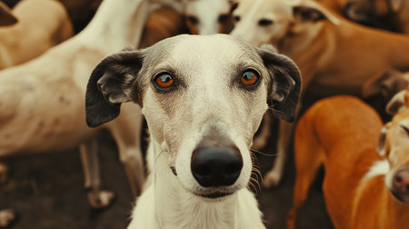 A soulful greyhound stands out with its deep, expressive eyes among a pack of dogs, evoking a sense of curiosity.の素材