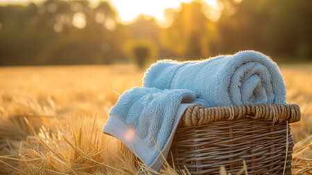 Soft blue towels roll up neatly in a wicker basket, basking in the golden sunlight of an open field during sunset.の素材