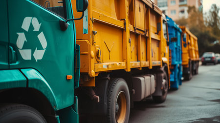 A line of bright yellow and green recycling trucks parked on an urban street, symbolizing the city waste management efforts.の素材