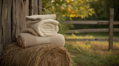 A serene still life photograph of neatly rolled beige towels placed on a hay bale, set against a rustic country backdrop with soft lighting.の素材