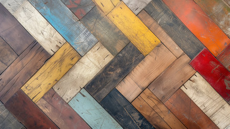 An assortment of colorful wooden planks laid out in a detailed herringbone pattern, displaying a variety of textures and hues.の素材