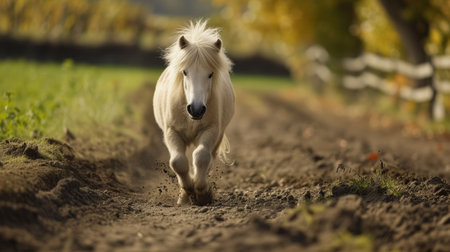 An enchanting scene captures a white pony with a flowing mane galloping energetically along a dirt path surrounded by autumnal countryside.の素材