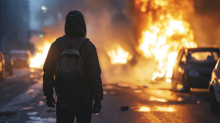 A lone figure with a backpack stands facing a massive fire explosion in the middle of an urban street, evoking a sense of danger.の素材