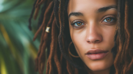 A close-up portrait of a woman with dreadlocks, featuring her captivating gaze and the rich textures of her hair against a green backdrop.の素材