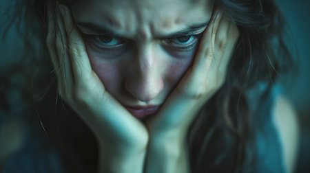 An emotional close-up of a young woman looking distressed and troubled, with her hands on her face and a deep, contemplative expression in her eyes.の素材