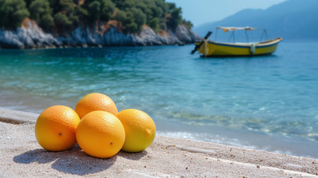 Fresh oranges arranged on a sandy beach foreground with a vibrant yellow boat floating in the turquoise waters under a mountainous backdrop.の素材