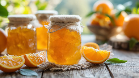 Freshly made orange marmalade in glass jars, tied with twine and displayed on a rustic wooden table surrounded by citrus slices.の素材