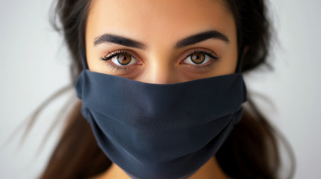 A close-up portrait of a woman with captivating eyes, her face partially covered by a plain dark mask, exuding mystery and intensity.の素材