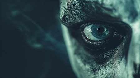 A close-up view of a person's eye with dramatic makeup, the fine details of the iris and the textured skin around visible, creating an intense visual impact.の素材